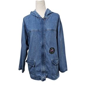 Bill Blass Vintage Hooded Jean Jacket With Novelty Patches Loosefit Womens Large